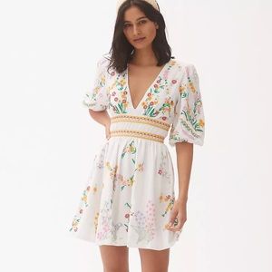 Anthropologie Deep-V Floral Embroidered Mini Dress